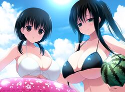  2girls bikini black_bikini black_hair blush breasts brown_eyes cloud collarbone commentary_request day food front-tie_top fruit green_eyes holding huge_breasts hyuuga_takashi innertube iwato_kasumi jindai_komaki long_hair looking_at_viewer low_twintails multiple_girls outdoors ponytail saki_(manga) short_hair sky smile string_bikini swim_ring swimsuit twintails watermelon white_bikini 