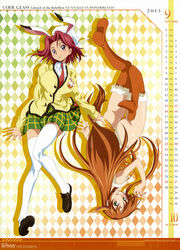  2girls absurdres animal_ears ass blue_eyes boots calendar_(medium) code_geass code_geass:_nunnally_in_wonderland fox_ears fur highres kouzuki_kallen leotard long_hair minagawa_kazunori multiple_girls necktie october official_art orange_hair rabbit_ears red_hair school_uniform shirley_fenette short_hair skirt thigh_boots thighhighs 