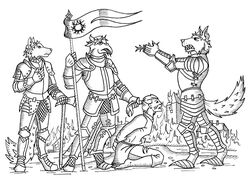  anthro armor atinka8 axe banderole canid canine canis dragon fire flag flag_(object) folx fur group hair head_wreath lizard long_hair magic male mammal medieval medieval_style melee_weapon monochrome mythological_creature mythological_scalie mythology polearm reptile scalie spear sword tail thorn_crown village weapon wolf 