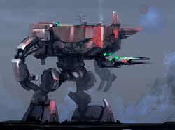  alien antennae commentary energy_weapon english_commentary highres ksenolog landship mecha moon no_humans non-humanoid_robot original planet railgun realistic robot science_fiction smoke walker_(robot) weapon 