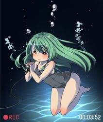  air_bubble barefoot blush breath bubble chidori_(wakakusachidori) commentary_request diving_regulator female freediving green_hair highres holding_breath long_hair mochizuki_usagi one-piece_swimsuit original school_swimsuit solo swimsuit underwater 