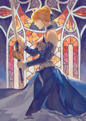  artoria_pendragon_(fate) bare_shoulders blonde_hair blue_dress choker closed_eyes commentary detached_sleeves dress english_commentary fate/stay_night fate_(series) female folie_(cac82622) from_side hair_ribbon holding holding_sword holding_weapon ribbon saber_(fate) solo stained_glass sword weapon 