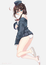  ahoge ass bare_legs blue_eyes blush braid brown_hair cosplay female from_side hair_flaps hair_ornament hair_over_shoulder hairpin highres kantai_collection legs long_sleeves looking_at_viewer naoto_(tulip) one-piece_swimsuit sandals shigure_(kancolle) shigure_kai_ni_(kancolle) simple_background single_braid swimsuit thighs toes u-511_(kancolle) u-511_(kancolle)_(cosplay) white_one-piece_swimsuit 