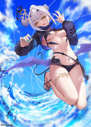  bikini black_bikini black_jacket blue_nails blue_sky breasts cropped_jacket dragon_wings fate/grand_order fate_(series) female fish_bottle flip-flops forked_eyebrows high_ponytail ironatsuki jacket long_hair long_sleeves looking_at_viewer mask mask_pull melusine_(fate) melusine_(swimsuit_ruler)_(fate) melusine_(swimsuit_ruler)_(first_ascension)_(fate) mouth_mask nail_polish navel pubic_tattoo sandals shrug_(clothing) sidelocks sky small_breasts smile solo swimsuit tail tattoo thighlet thighs toenail_polish toenails tongue tongue_out white_hair wings yellow_eyes 