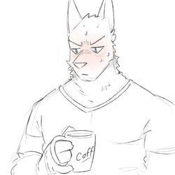  1:1 anthro black_and_white blush bodily_fluids canid canine canis coffee_mug domestic_dog gato_matero hi_res line_art male mammal monochrome muscular muscular_male solo sweat 