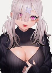  black_sweater breasts cleavage_cutout clothing_cutout female gomo grey_hair hair_ornament hair_over_one_eye highres large_breasts long_hair long_sleeves mole mole_under_eye nijisanji open_mouth purple_eyes simple_background solo sukoya_kana sweater twintails virtual_youtuber white_background x_hair_ornament 