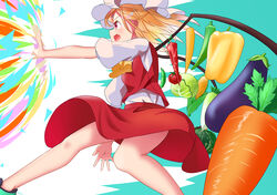  absurdres alternate_wings ascot attack bell_pepper carrot corn daikon eggplant feet_out_of_frame female fighting_stance flandre_scarlet food from_side green_background green_pepper hat highres lettuce mob_cap mwzika oerba_yun_fang open_mouth pea_pod puffy_short_sleeves puffy_sleeves radish red_eyes red_pepper red_skirt red_vest shirt short_sleeves skin_fang skirt skirt_set solo squash thick_thighs thighs tomato touhou vegetable vest white_background white_hat white_shirt wings yellow_ascot yellow_pepper 