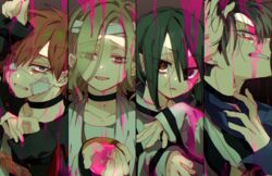  4girls bandaged_head bandages bandaid bandaid_on_cheek bandaid_on_face blonde_hair blood blue_eyes brown_eyes brown_hair eyepatch grey_eyes grey_hair jacket kajiyama_fuuta kao_ru05 kayano_mikoto looking_at_viewer milgram momose_amane multicolored_hair multiple_girls pink_blood red_hair shiina_mahiru_(milgram) straitjacket white_jacket 