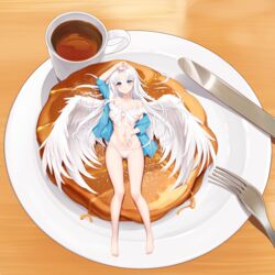  absurdres angel_wings ass_visible_through_thighs barefoot bikini blue_eyes blue_jacket blush breasts chinese_commentary closed_mouth commentary_request cup female food fork highres jacket knife legs long_hair looking_at_viewer lying medium_breasts on_back on_stomach open_clothes open_jacket original plate shenqi_(toid310) smile solo swimsuit tea teacup thighs toes white_bikini white_hair white_wings wings 