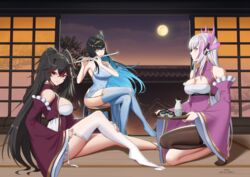  3girls alternate_breast_size bare_arms black_hair black_thighhighs blue_hair blue_thighhighs bottle breasts china_dress chinese_clothes choko_(cup) cleavage colored_inner_hair crossed_bangs cup detached_sleeves dress fake_horns flute full_moon grey_hair hair_between_eyes hair_ornament headgear headphones highres horns instrument large_breasts liv_(punishing:_gray_raven) long_hair looking_at_viewer lucia:_plume_(punishing:_gray_raven) lucia_(punishing:_gray_raven) moon multicolored_hair multiple_girls pantyhose pink_eyes pink_hair playing_flute punishing:_gray_raven purple_dress putting_on_legwear red_hair sake_bottle selena_(punishing:_gray_raven) sidelocks single_bare_leg single_leg_pantyhose single_thighhigh skaven_gongcheng_shushi sleeves_past_wrists small_horns streaked_hair thighhighs transverse_flute twintails very_long_hair white_pantyhose wide_sleeves 