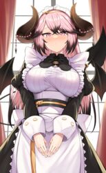  absurdres apron black_dress blush bow breasts buttons cowboy_shot curtains demon_girl demon_horns demon_tail demon_wings dress female frilled_apron frills hands_on_lap highres horns indoors large_breasts long_sleeves looking_at_viewer maid maid_apron maid_headdress pink_hair puffy_sleeves room_service_demon shadowverse solo tail waist_apron waist_bow white_apron window wings wrist_cuffs yamato_(muchuu_paradigm) 