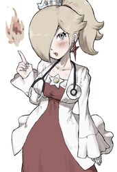  blonde_hair blush breasts coat crown doctor dot_nose dr._fire_rosalina dr._mario_(game) dr._mario_world earrings female fire fire_rosalina hair_over_one_eye highres jewelry large_breasts long_sleeves mario_(series) official_alternate_costume official_alternate_hairstyle open_mouth ponytail rosalina simple_background solo star_(symbol) star_earrings toggy_keiichi white_background white_coat 