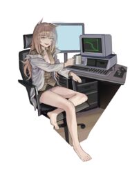  absurdres animal_ears bags_under_eyes bare_legs barefoot bibi_(2832398598) black_skirt blush breasts brown_shirt cat_ears chair chinese_commentary cleavage coffee_mug commentary_request commission computer computer_keyboard crossed_legs cup desk feet female floppy_disk full_body girls&#039;_frontline hair_between_eyes highres holding holding_cup lab_coat large_breasts legs long_hair long_sleeves looking_at_viewer messy_hair mixed-language_commentary monitor mug off_shoulder office_chair one_eye_closed open_mouth panties pantyshot partial_commentary persica_(girls&#039;_frontline) pink_hair red_eyes second-party_source shirt sitting skirt smile solo swivel_chair teeth toenails toes transparent_background underwear upper_teeth_only white_panties 