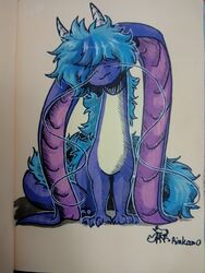  blue_hair dragon eastern_dragon feral fluffy fluffy_tail fur hair hair_over_eyes hi_res horn hruzan long_ears male marker_(artwork) multicolored_body mythological_creature mythological_scalie mythology rinkamo scalie simple_background smile solo tail traditional_media_(artwork) two_tone_body 