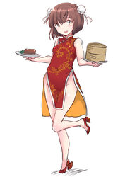  bamboo_steamer breasts brown_eyes brown_hair bun_cover china_dress chinese_clothes double_bun dress female food fuji_(pixiv24804665) full_body hair_bun high_heels highres kantai_collection leaf_print meat open_mouth plate red_dress rudder_footwear short_hair side_slit simple_background small_breasts solo standing standing_on_one_leg tan_yang_(kancolle) white_background yukikaze_(kancolle) 