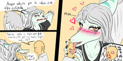  2023 2:1 amber_eyes anime_nosebleed anon_(snoot_game) anthro bald blood blush bodily_fluids cavemanon_studios claws dialogue digital_drawing_(artwork) digital_media_(artwork) dinosaur duo elbow_feathers extinct eyelashes fang_(gvh) feathered_wings feathers female fingers forked_tongue fuegosonic93 goodbye_volcano_high grey_body grey_scales hair hand_lick heart_eyes heart_symbol hi_res human licking light-skinned_male light_body light_skin long_hair male male/female mammal nosebleed open_mouth prehistoric_species pterodactylus pterosaur reptile scales scalie silver_hair simple_background smile snoot_game snout spanish_text tan_background text tongue tongue_out translation_check translation_request wings 