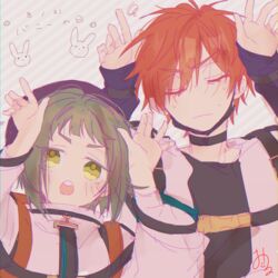  1boy backpack bag black_choker black_shirt choker closed_eyes closed_mouth facing_viewer female green_eyes green_hair jacket kajiyama_fuuta kao_ru05 lolicon looking_at_viewer milgram momose_amane pink_background red_bag red_hair shirt short_hair straitjacket striped striped_background white_jacket 