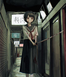  bandaged_arm bandaged_leg bandages bandaid bandaid_on_face black_hair black_skirt blood blood_on_arm blood_on_clothes blood_on_face blood_on_hands blood_on_wall blood_on_weapon closed_mouth expressionless feet_out_of_frame female highres holding holding_sword holding_weapon katana long_skirt neckerchief original pleated_skirt red_eyes red_neckerchief sakiika0513 school_uniform serafuku shirt short_hair short_sleeves skirt slit_pupils solo standing sword weapon white_shirt 