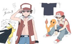  1boy belt belt_buckle black_belt black_shirt brown_eyes brown_hair buckle buttons charmander closed_mouth commentary_request grey_pants hand_on_headwear hat male_focus miyage_no_nukegara open_clothes open_vest pants pikachu pokemon pokemon_(creature) pokemon_frlg pokemon_rgby red_(pokemon) red_footwear red_headwear red_vest shirt shoes short_hair sitting smile unworn_clothes unworn_shirt vest 