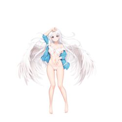  absurdres angel_wings ass_visible_through_thighs barefoot bikini blue_eyes blue_jacket blush breasts chinese_commentary closed_mouth commentary_request female full_body highres jacket legs long_hair looking_at_viewer lying medium_breasts on_back on_stomach open_clothes open_jacket original shenqi_(toid310) simple_background smile solo swimsuit thighs toes transparent_background white_bikini white_hair white_wings wings 