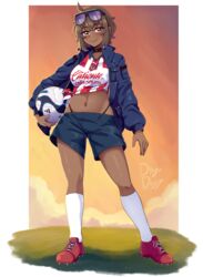  absurdres ahoge alternate_costume ball blue_shorts borrowed_character club_deportivo_guadalajara crop_top dark_skin drogo_doggo eyewear_on_head female guadalajara highres jacket liga_mx mexico midriff midriff-chan original panty_straps shoes shorts smile sneakers soccer soccer_ball soccer_uniform socks spanish_commentary sportswear sunglasses tomboy white_socks 