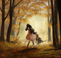  amazing_background ambiguous_gender autumn autumn_leaves detailed detailed_background digital_media_(artwork) digital_painting_(artwork) equid equine eyelashes feral fihell forest hi_res hooves horse long_mane looking_at_viewer mammal markings plant realistic running signature solo spots spotted_body tree 