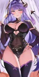  :q alternate_costume ass_visible_through_thighs bat_ornament black_leotard blunt_bangs blush breasts closed_mouth clothing_cutout commentary covered_navel cowboy_shot cutout_above_navel demon_girl demon_horns demon_tail demon_wings elbow_gloves english_commentary female fingerless_gloves genshin_impact gloves half-closed_eyes halloween_costume hand_on_own_hip hand_up heart_cutout highres horns large_breasts leotard licking_lips long_hair looking_at_viewer low_wings mole mole_under_eye nail_polish naughty_face purple_eyes purple_gloves purple_hair purple_nails purple_thighhighs raiden_shogun shiben_(ugvu5784) solo tail thighhighs thighs tongue tongue_out wings 