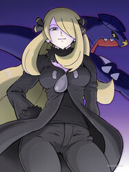  aruke_(gter7727) black_pants black_sclera blonde_hair breasts coat colored_sclera cowboy_shot cynthia_(pokemon) female from_below fur-trimmed_coat fur_trim garchomp gradient_background grey_eyes hair_over_one_eye hand_on_own_hip looking_at_viewer pants pokemon pokemon_(creature) pokemon_dppt purple_background sharp_teeth smile teeth 