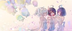  3girls ^_^ absurdres ahoge balloon bare_shoulders bow breasts bronya_zaychik butterfly_hair_ornament caisena cake character_name closed_eyes closed_mouth collarbone commentary_request dress drill_hair food grey_hair hair_between_eyes hair_ornament hairbow hands_up happy_birthday highres honkai_(series) honkai_impact_3rd multicolored_hair multiple_girls petals purple_hair red_eyes red_hair seele_(alter_ego) seele_vollerei sleeveless sleeveless_dress small_breasts smile strapless strapless_dress twin_drills twintails two-tone_hair white_bow white_dress wrist_cuffs 