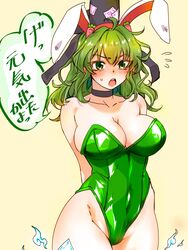  animal_ears black_choker black_hat blush breasts carrot_hair_ornament choker cleavage collarbone commentary_request cowboy_shot female food-themed_hair_ornament green_eyes green_hair green_leotard groin hair_ornament hat highres large_breasts leotard medium_hair nunnun_(shunka_shuutou) open_mouth playboy_bunny rabbit_ears simple_background soga_no_tojiko solo speech_bubble sweatdrop tate_eboshi teeth touhou translation_request upper_teeth_only yellow_background 