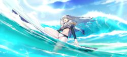  ak-12_(age_of_slushies)_(girls&#039;_frontline) ak-12_(girls&#039;_frontline) alternate_costume bikini black_ribbon breasts closed_eyes female full_body girls&#039;_frontline hair_ribbon highres in_water jacket large_breasts long_hair long_sleeves navel official_alternate_costume open_clothes open_jacket ribbon samsam_s2s sidelocks solo stomach straight_hair surfboard surfing swimsuit thighs two-tone_bikini water waves white_hair 