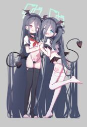  &lt;key&gt;_(blue_archive) 2girls 525_woiwo absurdly_long_hair absurdres aqua_halo aris_(blue_archive) black_hair black_leggings black_sailor_collar black_wings blue_archive blue_eyes blush demon_tail demon_wings english_commentary grey_background halo head_wings highres leg_tattoo leggings long_hair md5_mismatch multiple_girls navel neckerchief one_side_up open_mouth pubic_tattoo rectangular_halo red_eyes red_neckerchief ringed_eyes sailor_collar short_sleeves simple_background smile tail tattoo very_long_hair white_leggings wings 