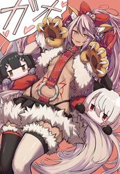  absurdres animal_ear_fluff animal_ears animal_hands asymmetrical_legwear asymmetrical_sleeves bare_shoulders bell belt black_skirt black_thighhighs blush bow breasts cat_ears cat_tail chloe_von_einzbern chloe_von_einzbern_(swimsuit_avenger) chloe_von_einzbern_(swimsuit_avenger)_(third_ascension) collar dark-skinned_female dark_skin fake_animal_ears fate/grand_order fate_(series) female fur-trimmed_skirt fur_trim gloves hair_between_eyes hairbow highres illyasviel_von_einzbern illyasviel_von_einzbern_(beast_style) jingle_bell long_hair looking_at_viewer mismatched_legwear mismatched_sleeves miyu_edelfelt miyu_edelfelt_(beast_style) nanakaku navel o-ring open_mouth orange_eyes paw_gloves pink_hair ponytail red_bow skirt small_breasts smile solo stomach_tattoo stuffed_toy tail tattoo thighhighs thighs translation_request white_thighhighs 