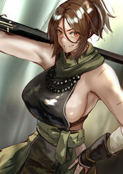  ahoge bandaged_arm bandages bare_shoulders black_shirt breasts brown_eyes brown_hair fate/grand_order fate_(series) female green_pants green_scarf grin gun hair_between_eyes hair_ribbon hakama high_ponytail highres japanese_clothes jikihatiman large_breasts looking_at_viewer medium_hair obi pants parted_bangs pelvic_curtain revision ribbon rifle sash scar scar_on_face scar_on_nose scarf shirt sideboob sideless_outfit sitting smile solo sugitani_zenjubou_(fate) weapon 