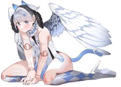  angel_wings animal_ears argyle_clothes argyle_socks bambinata:_vitrum_(punishing:_gray_raven) bambinata_(punishing:_gray_raven) bare_shoulders black_hair black_leotard blue_eyes blue_tail braid cat_ears cat_tail doll_joints fake_animal_ears fake_tail female hair_ornament heart heart-shaped_pupils heart_hair_ornament high_heels highres joints kneehighs leotard medium_hair multicolored_hair punishing:_gray_raven socks solo symbol-shaped_pupils tail twin_braids two-tone_hair white_background white_hair white_socks wings yongsadragon 