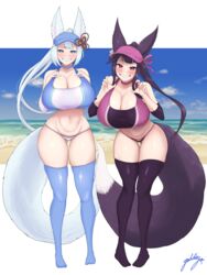  &gt;:) 2girls alternate_breast_size alternate_costume animal_ears ass_visible_through_thighs beach bikini black_hair black_thighhighs blue_eyes blue_thighhighs breasts claw_pose cleavage commission curvy erune fox_ears fox_girl fox_tail gollizo granblue_fantasy grin highres huge_breasts long_hair multiple_girls navel ocean ponytail purple_eyes signature skeb_commission smile societte_(granblue_fantasy) sports_bra stomach swimsuit tail thigh_gap thighhighs two-tone_sports_bra v-shaped_eyebrows very_long_hair visor_cap white_hair yuel_(granblue_fantasy) 