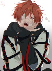  1boy bandaid bandaid_on_cheek bandaid_on_face black_hoodie green_eyes highres hood hood_down hoodie jacket kajiyama_fuuta kao_ru05 male_focus milgram open_mouth red_hair short_hair signature solo straitjacket teeth tongue translation_request white_background white_jacket 