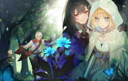  2boys 2girls absurdres bad_id bad_pixiv_id belt black_gloves black_hair black_jacket black_pants blonde_hair blue_eyes blue_flower brown_belt brown_dust_2 brown_eyes cloak day flower gloves gray_(brown_dust) hand_on_another&#039;s_shoulder highres hood hooded_cloak jacket juliet_sleeves justia_(brown_dust) lathel_(brown_dust) licking_lips long_hair long_sleeves multiple_boys multiple_girls open_clothes pants puffy_sleeves scheherazade_(brown_dust) shirt shotgunman tongue tongue_out tree white_cloak white_hair white_shirt 