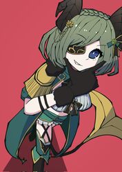  belt black_bow black_gloves black_outline blue_eyes bow braid breasts bright_pupils brown_horns coat commentary crown_braid curled_horns demon_girl demon_horns demon_tail doronuma dutch_angle epaulettes eyepatch female flower frilled_shorts frills from_above full_body gloves green_belt green_coat green_flower green_hair green_shorts green_thighhighs grin hair_flower hair_ornament hairbow hand_on_own_chin highres horns looking_at_viewer medium_bangs medium_breasts nanashi_inc. open_clothes open_coat outline puffy_short_sleeves puffy_sleeves red_bag sekishiro_mico shirt short_hair short_sleeves shorts simple_background smile solo tail thighhighs virtual_youtuber walking white_pupils white_shirt yellow_flower 