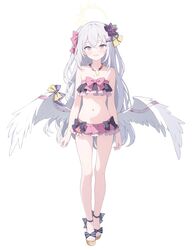  :d absurdres angel_wings arms_at_sides azusa_(blue_archive) azusa_(swimsuit)_(blue_archive) bare_legs bikini black_bikini black_bow blue_archive blush bow feathered_wings feet female flat_chest flower frilled_bikini frills full_body grey_hair hair_between_eyes hair_flower hair_ornament halo highres jewelry jyt legs long_hair looking_at_viewer low_wings navel necklace official_alternate_costume open_mouth pink_bikini pink_bow pink_eyes purple_eyes purple_flower sandals simple_background smile solo standing swimsuit toenails toes very_long_hair white_background white_hair white_wings wings yellow_halo 