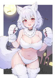  alternate_costume animal_ear_fluff animal_ears animal_hands ass_visible_through_thighs bandeau bare_tree bat_(animal) belt belt_collar bikini blush border breasts brown_belt building collar commentary_request cowboy_shot cross female full_moon fur_bikini fur_collar fur_thighhighs gloves halloween halloween_costume inubashiri_momiji large_breasts looking_at_viewer medium_bangs moon navel night nose_blush oerba_yun_fang open_mouth outside_border paw_gloves red_eyes rururiaru short_hair skin_fang smile solo strapless strapless_bikini swimsuit tail thigh_gap thighhighs touhou tree tube_top werewolf_costume white_bikini white_border white_hair white_thighhighs wolf_ears wolf_tail 