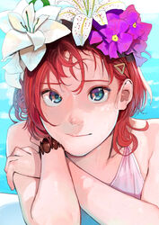  absurdres ange_katrina bikini blue_eyes bougainvillea_(flower) bracelet closed_mouth commentary_request female flower flower_request hair_flower hair_ornament hairclip hand_on_own_arm head_wreath highres jewelry lily_(flower) looking_at_viewer nijisanji partially_submerged pink_bikini pool portrait purple_flower red_hair solo swimsuit torii_yoshitsuna virtual_youtuber water white_flower white_lily 