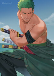  1boy bandana_around_arm bara black_pants blue_eyes earrings green_hair grin highres holding holding_weapon japanese_clothes jewelry kimono looking_at_viewer male_focus muscular muscular_male on_one_knee one_eye_closed one_piece pants pectorals roronoa_zoro scar scar_across_eye short_hair smile solo sword topless_male twitter_username uhai v-shaped_eyebrows weapon 