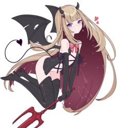  absurdres amanogawa_shiina black_footwear black_gloves black_tail black_wings blonde_hair blush boots colored_inner_hair commentary constellation constellation_print demon_girl demon_horns demon_tail demon_wings female flat_chest gloves heart highres holding holding_pitchfork horns looking_at_viewer lyrinne multicolored_hair phase_connect pisces_(constellation) pitchfork purple_eyes red_hair scissors_hair_ornament starry_hair symbol-only_commentary tail torn_wings virgo_(constellation) virtual_youtuber white_background wings 