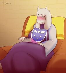  2021 absurd_res anthro armchair blush book boss_monster_(undertale) bovid caprine chair chairiel clothed clothing digital_media_(artwork) female fur furniture goat hi_res horn mammal mature_female purple_clothing purple_robe robe sitting solo souley69 toriel undertale undertale_(series) white_body white_fur 