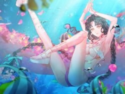  air_bubble arms_up bamcream bikini black_hair bracelet braid breasts bubble butterflyfish chest_tattoo closed_mouth commentary earrings facial_mark fate/grand_order fate_(series) female fingernails fish flower foot_out_of_frame forehead_mark hair_flower hair_ornament hair_ribbon jewelry large_breasts leg_up long_hair looking_at_viewer mudra multicolored_hair nail_polish necklace panties pantyshot parted_bangs pearl_bracelet pearl_earrings pearl_necklace petals pink_flower pink_hair pink_nails pink_panties pink_sarong platform_footwear ribbon sandals seashell sessyoin_kiara sessyoin_kiara_(swimsuit_mooncancer) sessyoin_kiara_(swimsuit_mooncancer)_(first_ascension) shell shell_necklace smile solo streaked_hair swimsuit tattoo toenail_polish toenails tropical_fish twin_braids underboob underwater underwear very_long_hair vitarka_mudra water wedge_heels white_bikini white_footwear white_ribbon yellow_eyes 