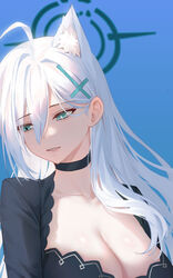  ahoge animal_ears black_choker black_dress blue_archive blue_background blue_eyes breasts choker cleavage collarbone commentary_request cross_hair_ornament dark_halo dress extra_ears female grey_hair hair_ornament halo highres large_breasts long_hair mismatched_pupils open_mouth qumai79 shiroko_(blue_archive) shiroko_terror_(blue_archive) solo wolf_ears 