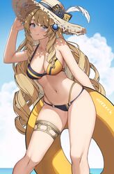  :p absurdres banned_artist bikini blonde_hair blue_eyes breasts drill_hair female genshin_impact hat highres holding holding_innertube innertube large_breasts long_hair navia_(genshin_impact) solo swimsuit thighlet tongue tongue_out twin_drills very_long_hair vierzeck yellow_bikini yellow_innertube 