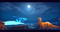  3d_(artwork) ambiguous_gender aquatic_dragon cloud digital_media_(artwork) dragon feral fin frill_(anatomy) head_crest hi_res laslwo letterbox light marine moon moonlight mythological_creature mythological_scalie mythology night orange_body orange_scales outside pier sal_(laslwo) scales scalie science_fiction sea sky solo spacecraft standing star tail tail_fin vehicle water wingless_dragon 