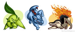  2012 ambiguous_gender angry blue_body blue_scales chikorita cyndaquil feral fire fur generation_2_pokemon green_body green_skin grey_body grey_fur group kcd_studios leaf looking_at_viewer nintendo pokemon pokemon_(species) quadruped red_eyes scales simple_background small_tail smile smirk starter_trio tail tan_body tan_fur text totodile trio url white_background 